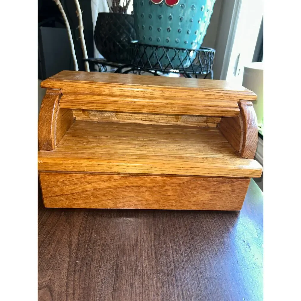 Vintage wood wooden roll-top Jewlery box with drawer bread box style